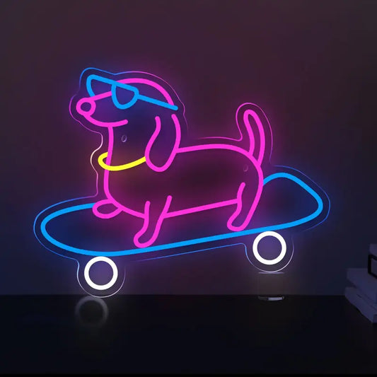 Skating Dog LED Neon Sign – USB Powered Metal Wall Decor with Dimmer | Fun Cartoon Light for Bedroom & Living Room